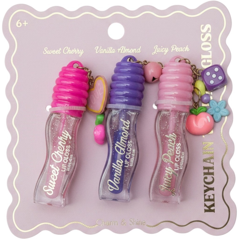 Simple Pleasures Keychain Lip Gloss Set Sweet Cherry Vanilla Juicy Peach 3 Pack
